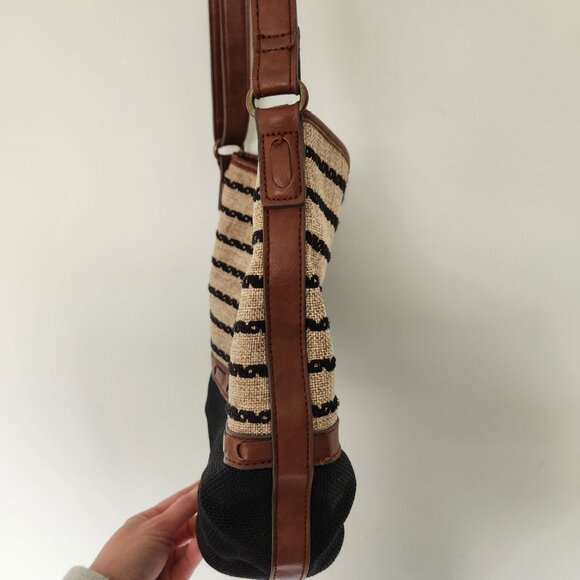 Lucky Brand Purse Tan Brown Natural Linen Faux Leather Bucket Hobo Crossbody Bag - Picture 8 of 13